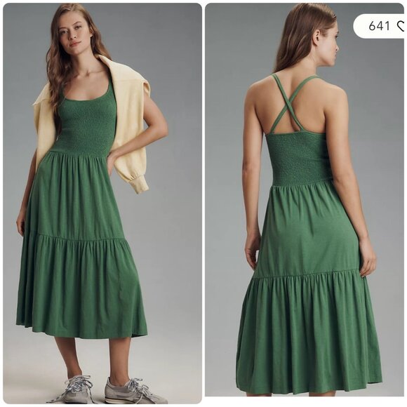 Nation LTD Penelope Cross Back Midi Dress Womens Large Green Smocked Tiered - Picture 1 of 16